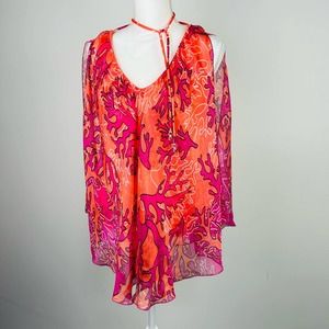 Analili 100% Silk Bright Orange Pink Cape Blouse Size M/L